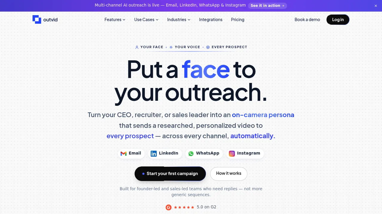 One Outvid recording, personalized for every prospect across email, LinkedIn, WhatsApp and Instagram