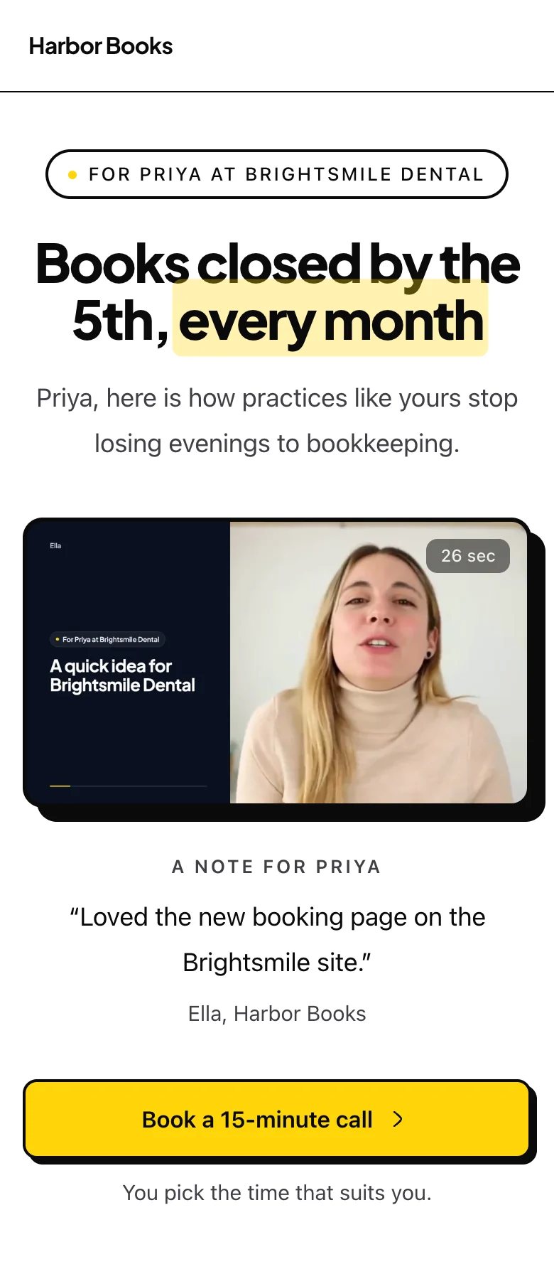 The end of the example page for Priya: a note for Priya signed by Ella of Harbor Books, a Book a 15-minute call button, and the line You pick the time that suits you.